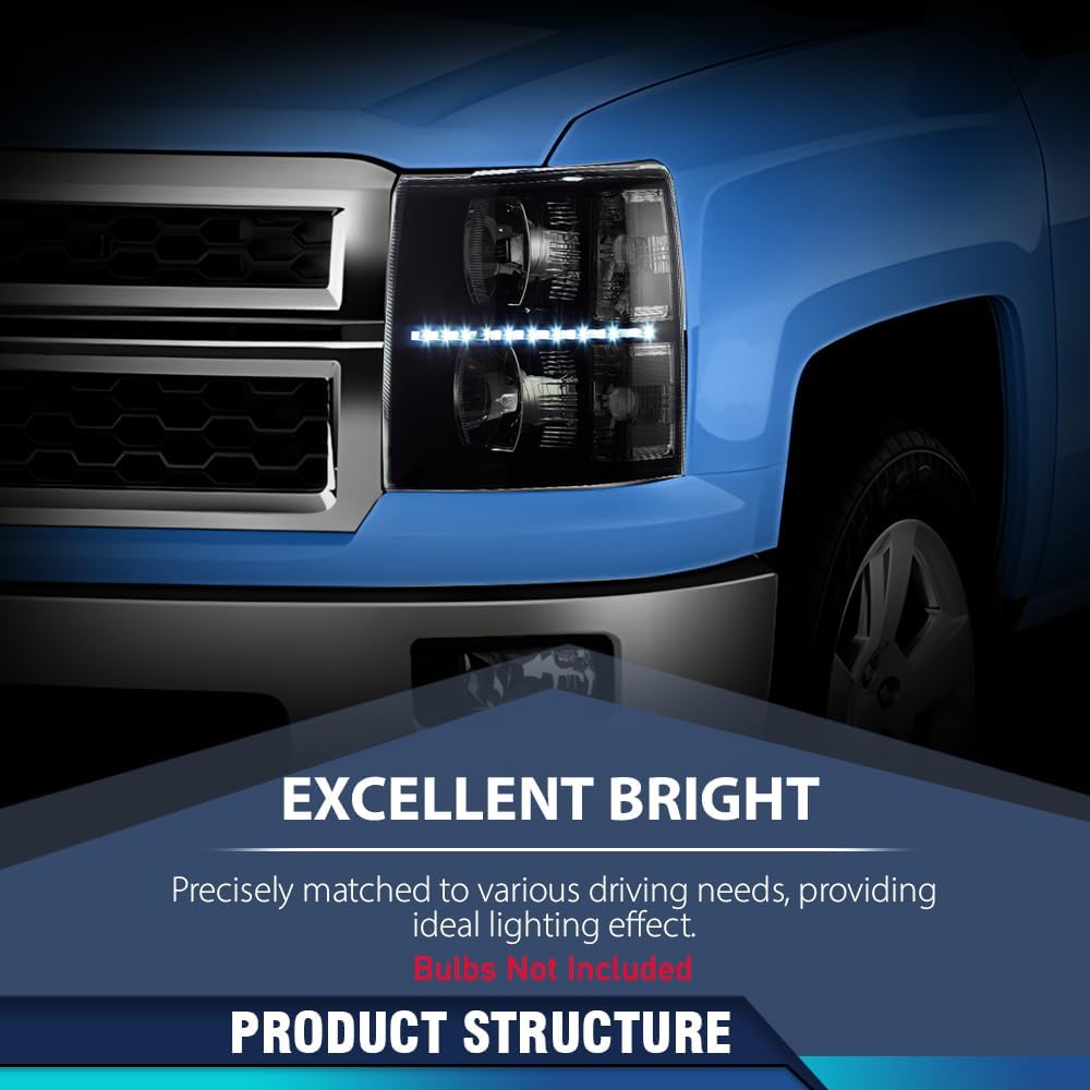 PIT66 LED Point Headlight Assembly Compatible with 07-13 Chevy Silverado 1500 2500 3500 & HD(for 2500HD/3500HD, fit 2007 New Body & 2014 Old Body Style) Headlamps Smoky Lens Black Housing Clear Corner