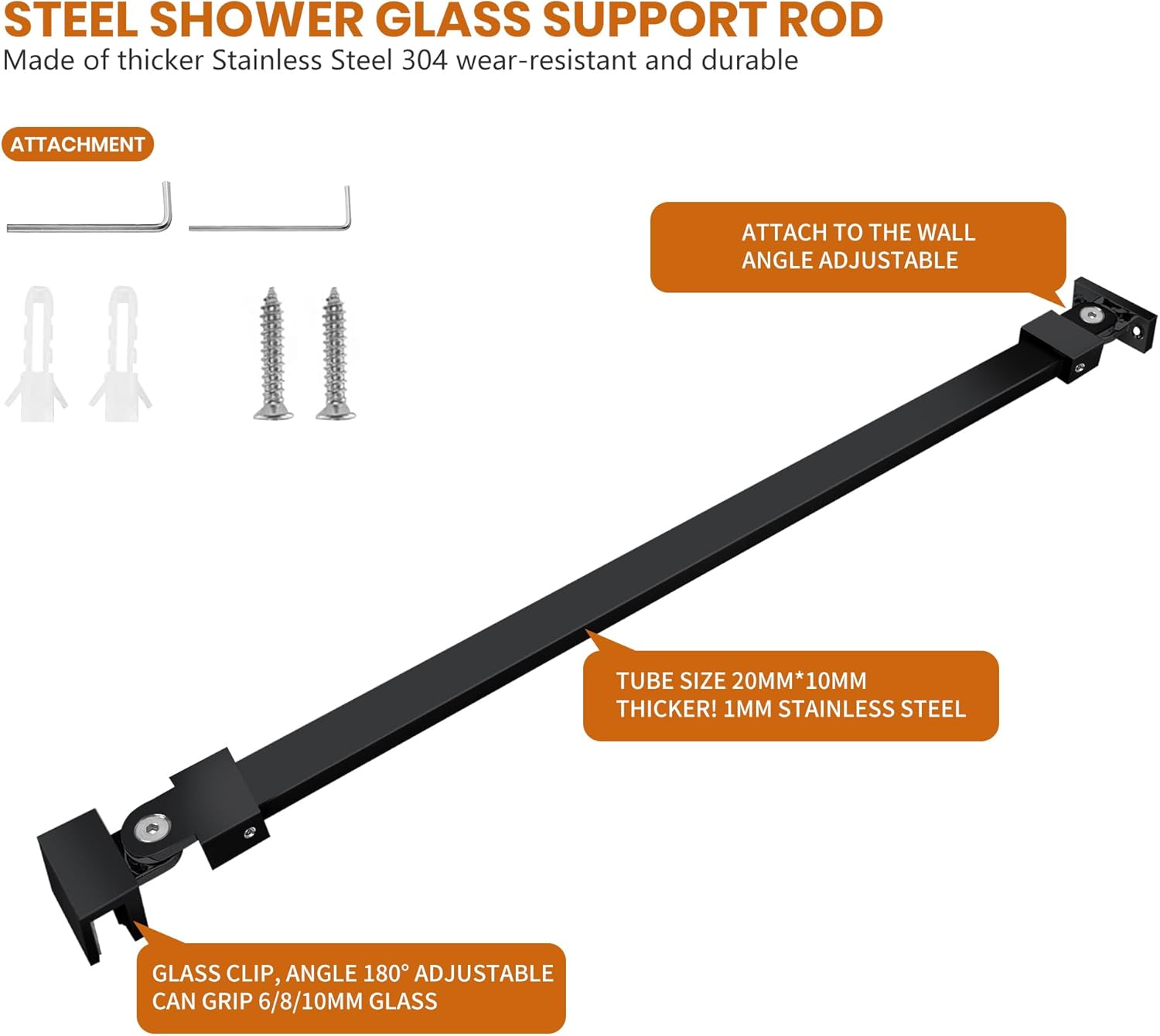 Shower Door Support Bar Rod, 18.11 Inch Length Stainless Steel Wall-to-Glass Brace, for 1/4"(6mm) 5/16"(8mm) 3/8"(10mm) Thick Framless Glass Door, Matte Black