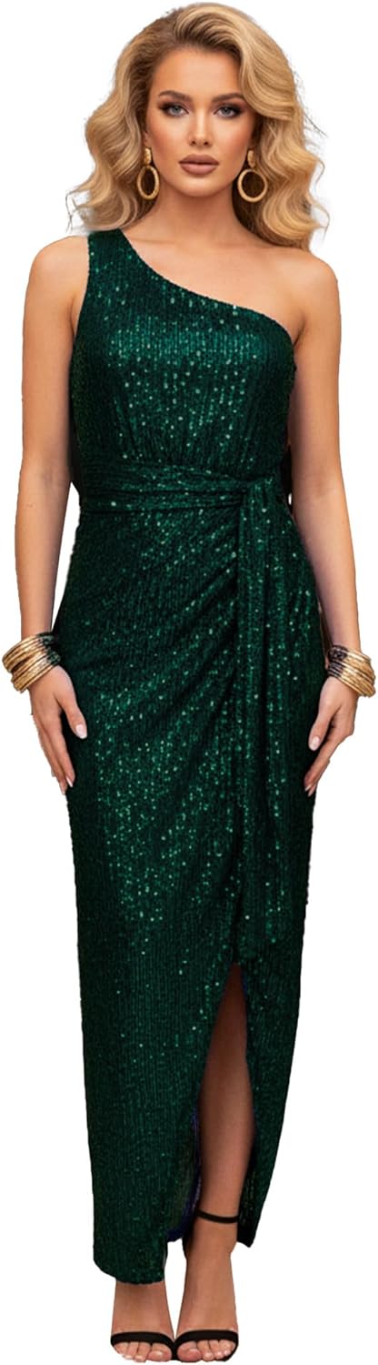 Womens One Shoulder Sequin Prom Maxi Dress Ruched Bodycon Sparkly Glitter Slit Party Evening Dress