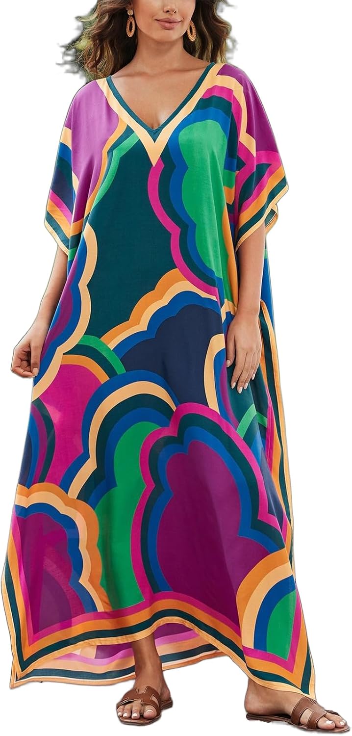 ELSCIRW Plus Size Kaftan Dress for Women Caftan Bathing Swim Cover Up Boho Beach Dress Lightweight Loungewear