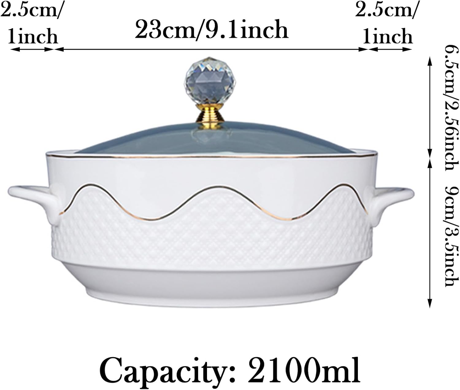 Ceramic Soup Tureen with Glass Lid, White Porcelain Serving Soup Tureen for Restaurant Home Kitchen Decoration, Heat-resistant Ceramic Bowls Lid Cooking Soup for Home Office Dorm,2100ml
