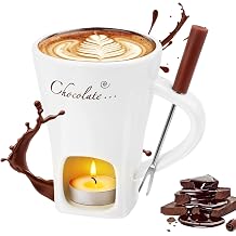 Wvu & Wvo 200 ml Ceramic Chocolate Fondue Set Chocolate Fondue Cup Mug for Melting Chocolate Fondue Set with Fork and Tea Light for Cheese Chocolate Butter Caramel
