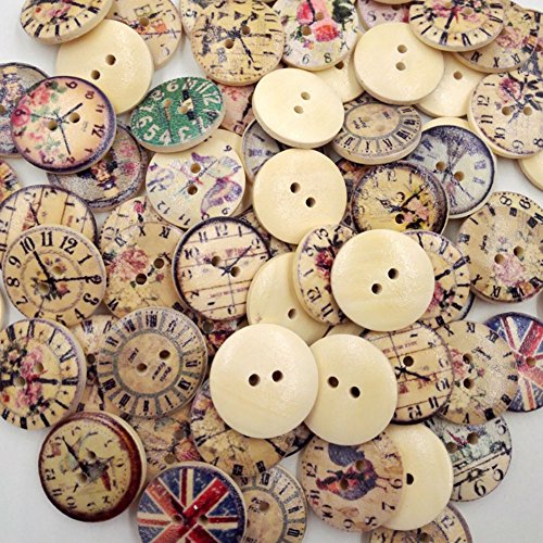 Akoak 50 Piece Pack 20Mm New Vintage Style Popular Bulk Mixed Craft Wooden Clock Buttons Two-Holes Round Wooden Buttons Sewing Accessories Decorative Buttons #TOP4