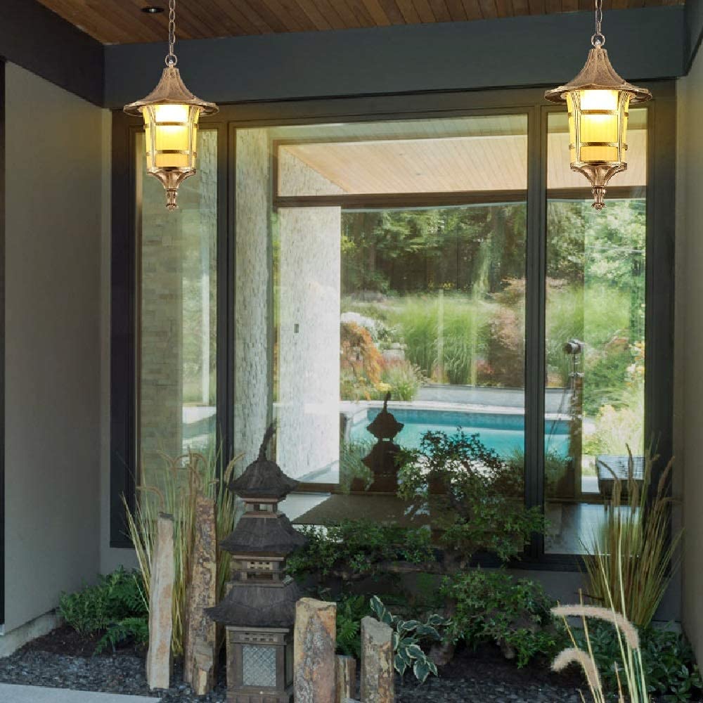 European Contemporary Exterior Balcony Hanging Light Outdoor Frosted Glass Lantern Courtyard Corridor Restaurant E27 Retro Victoria Retro Industry Chandelier Perfec/Bronze/38 * 24.5Cm