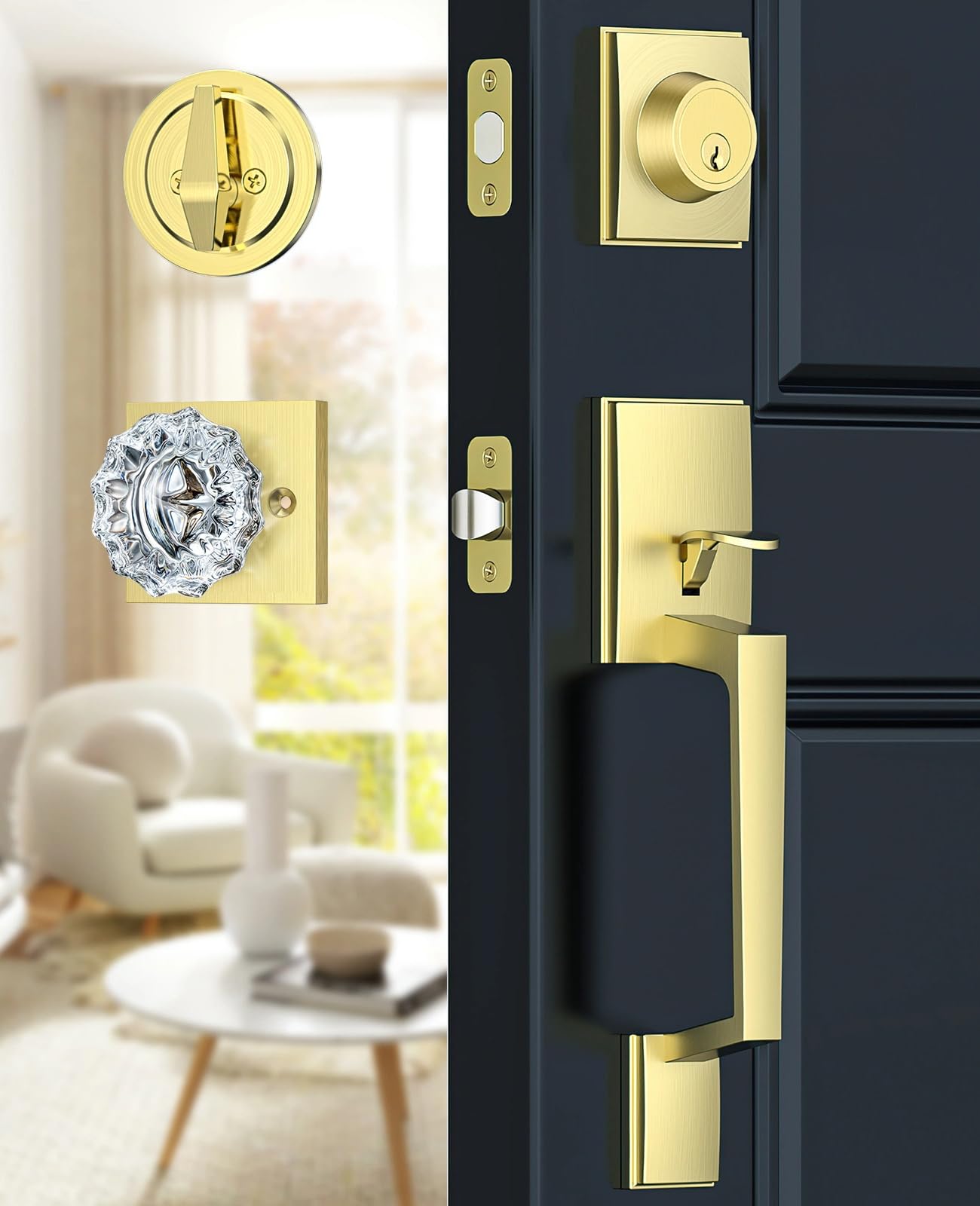 Brushed Gold Front Door Lock Set with Glass Door Knob Modern