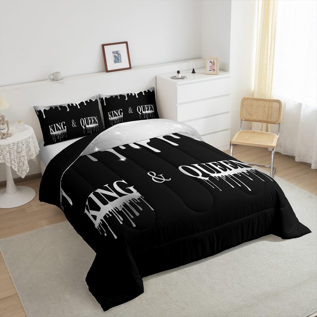 Feelyou Silver Black Mr Mrs Bedding Set Queen King Queen for Couple Man Woman Comforter His and Hers Comforter Set Romantic Duvet Set with 2 Pillow Case