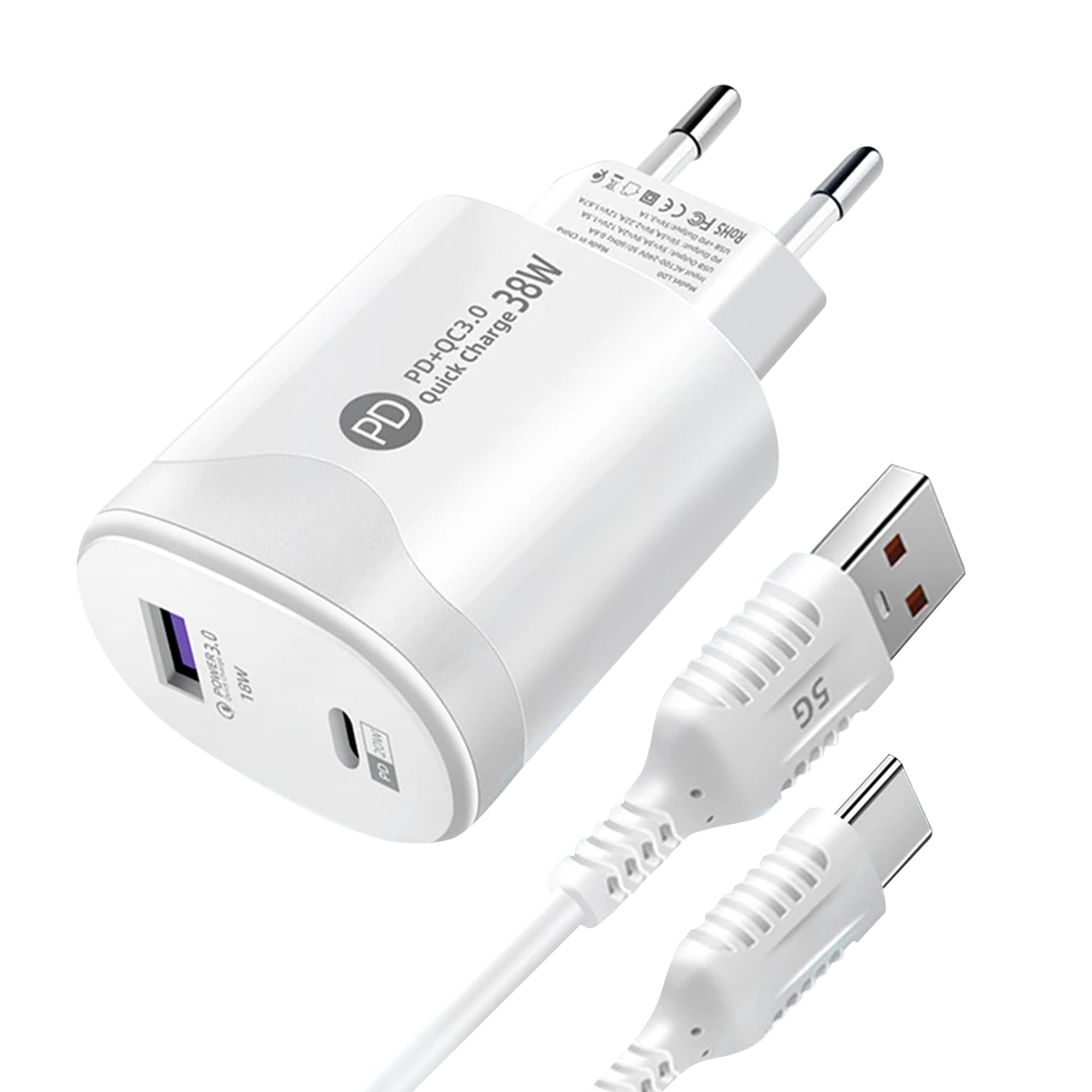 Leyf Ładowarka USB A typu C 2 w 1 38 W, 2 porty, kompatybilna ze wszystkimi modelami telefonów komórkowych i tabletów, szybka ładowarka QC 3.0, iPhone, iPad, Samsung Galaxy Xiaomi, Huawei, kabel typu