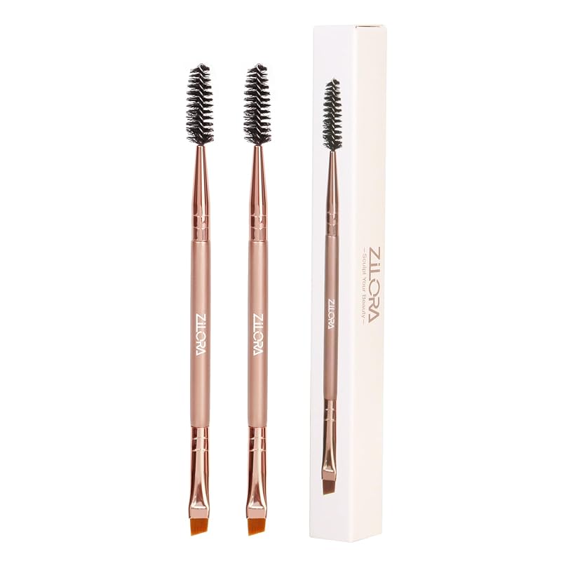 ZiLORA Conjunto com 2 pincéis para sobrancelhas de ponta dupla, com escova chanfrada e spoolie, Rose Gold
