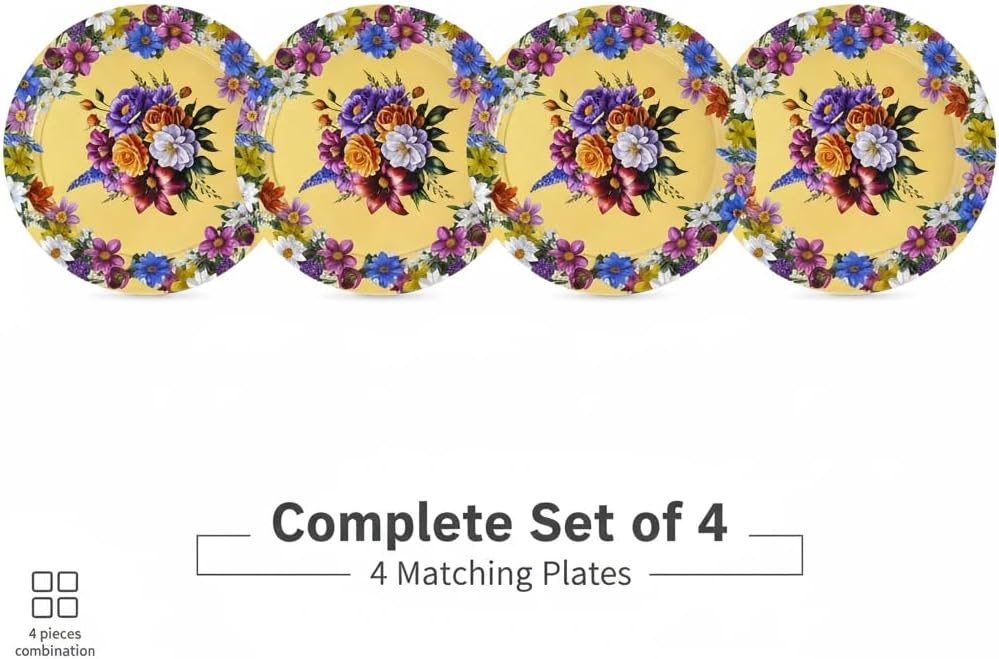 Metal Plate Set of 4 – Vibrant Floral Wreath Design – Colorful Table Accent Plates (4-Pack)