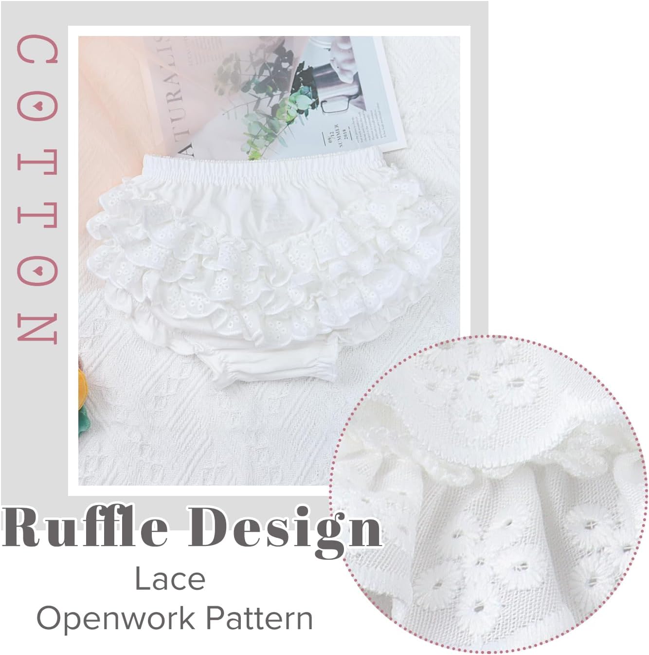 5 Piece Set of Ruffled Lace Panty Diaper Covers for Baby Girls Cotton Toddler White Shorts Underwear - Image 4