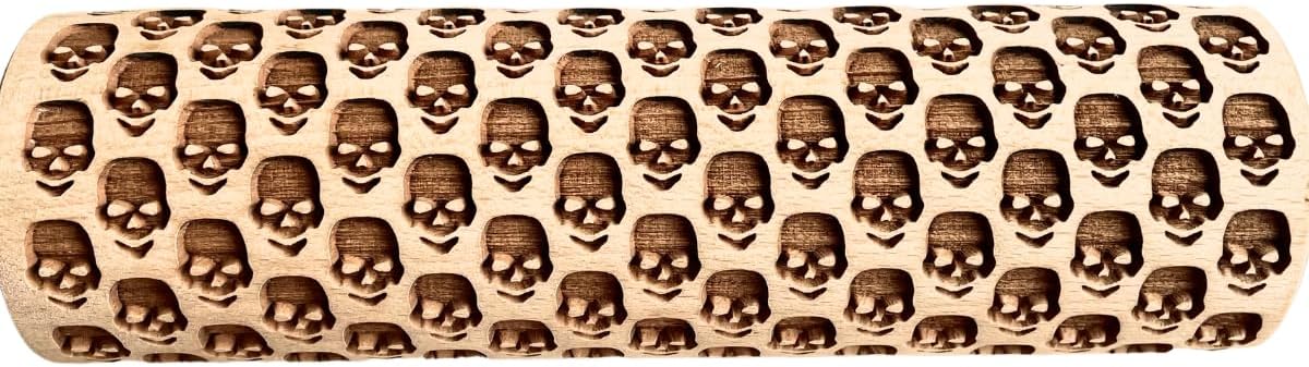 Rolling Pin SKULL. Embossing rolling pin with SKULL PATTERN Embossed skull cookies for HALLOWEEN. Wooden Laser Cut Rolling Pin for Halloween cookies, play dough, salt dough by Algis Crafts