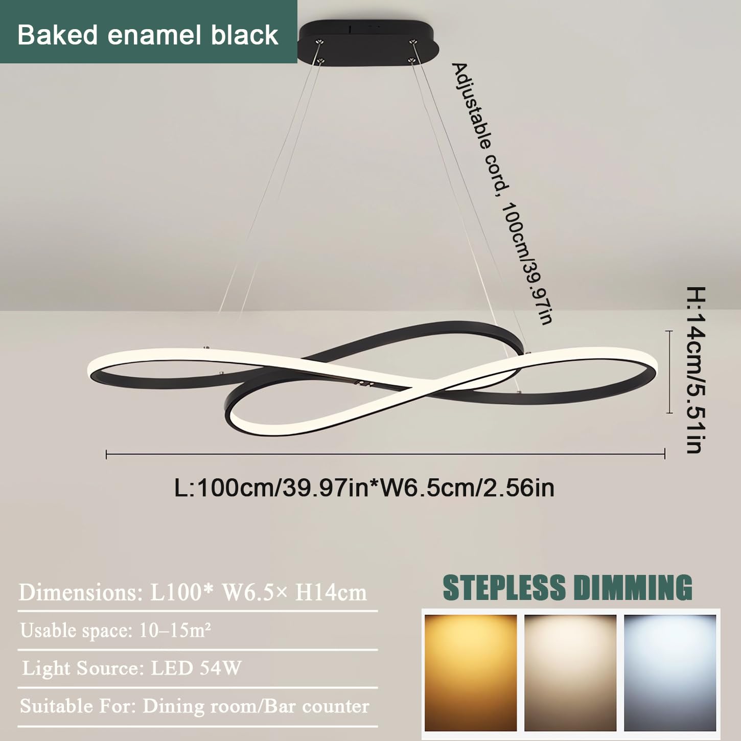 Nowoczesne oświetlenie wiszące Ściemnialna lampa wisząca LED na wyspę kuchenną z pilotem zdalnego sterowania Liniowe oświetlenie wiszące stołu jadalnego z regulacją wysokości (czarna emalia wypalana)