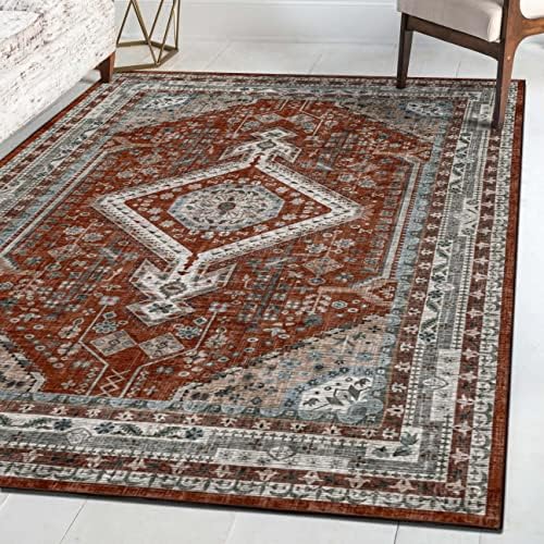 Green Decore Vernal Senglea Persian Machine washable, Non Shedding, Non Slip Area Rug for Living Room, Bedroom, Dining Room, Hallway, and Kitchen - Rust Red/Blue/Beige, 152 cm x 213 cm