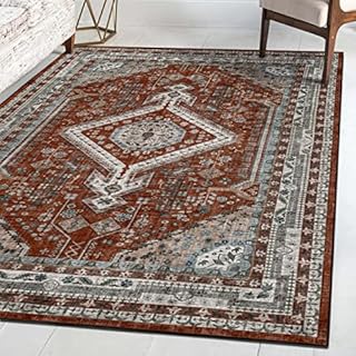 Green Decore Vernal Senglea Persian Machine washable, Non Shedding, Non Slip Area Rug for Living Room, Bedroom, Dining Room, Hallway, and Kitchen - Rust Red/Blue/Beige, 152 cm x 213 cm