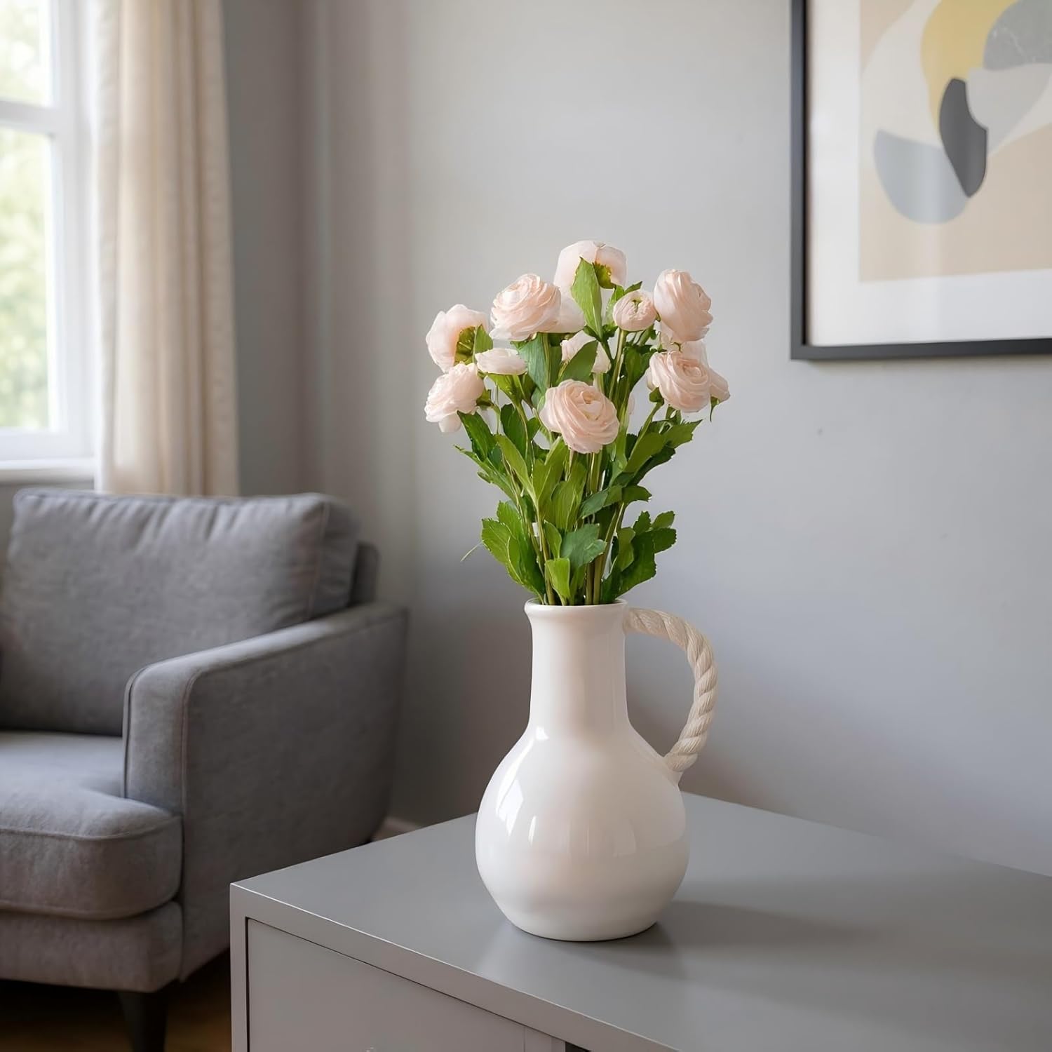 Floral Arrangements Artificial Peonies in Ceramic,15 Pink Fake Peony Flowers,Faux Silk Flower Arrangement for Home Decor Living Room Dining Table Office（White）