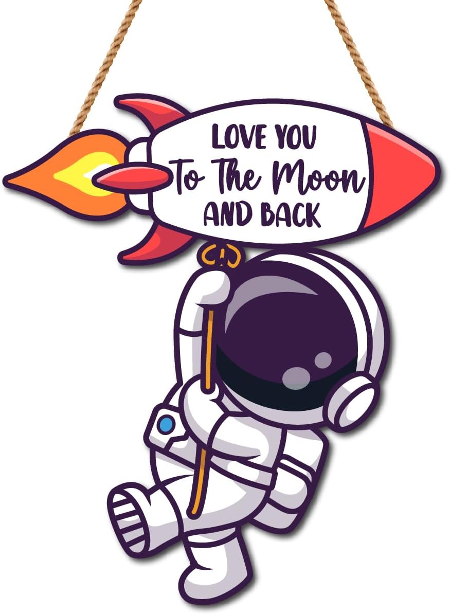 Space Themed Wooden Hanging Wall Sign,Love You to The Moon and Back Astronaut Hanging Wall Sign,Outer Space Themed Wall Art for Boys Bedroom Nursery Playroom（Rocket）