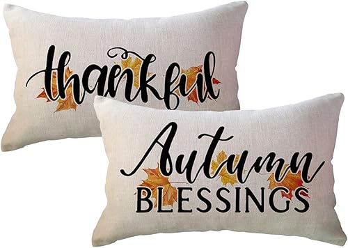 Miniatura 1 de ULOVE LOVE YOURSELF Autumn Blessings Thankful - Juego de 2 fundas de almohada decorativas de otoño y otoño con hojas de arce para casa de campo,