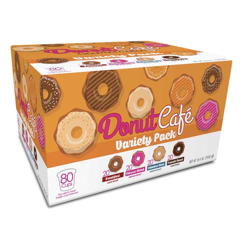 Donut Café Cápsulas de café de una sola porción para cafeteras Keurig K Cup, tostado francés ligero medio y oscuro, mezcla clásica de desayuno, colombiano, paquete variado, 80 unidades