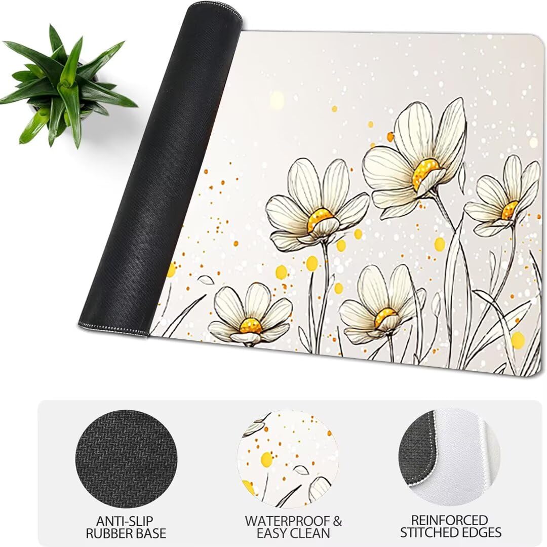 Podkładka pod mysz do gier XXL kwiat beżowa, podkładka pod mysz XXL - 1400 x 600 x 3 mm, podkładka pod mysz matowa, bardzo duża tkanina na biurko dla graczy, antypoślizgowa podstawa, dla graczy
