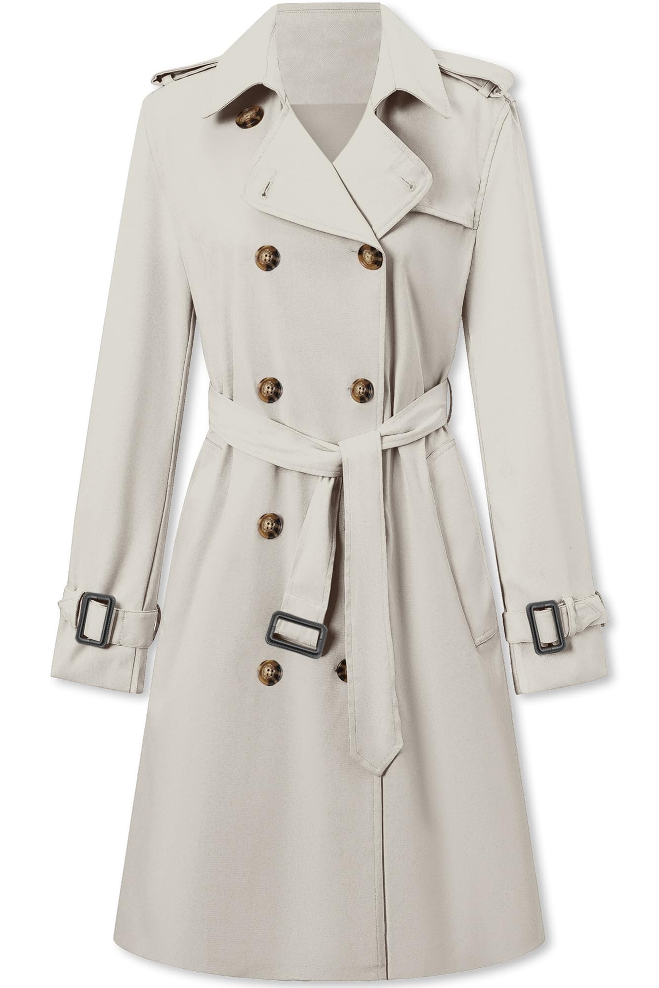 Betusline Women's Double Breasted Waterproof Trench Coat Classic Lapel Overcoat with Belt