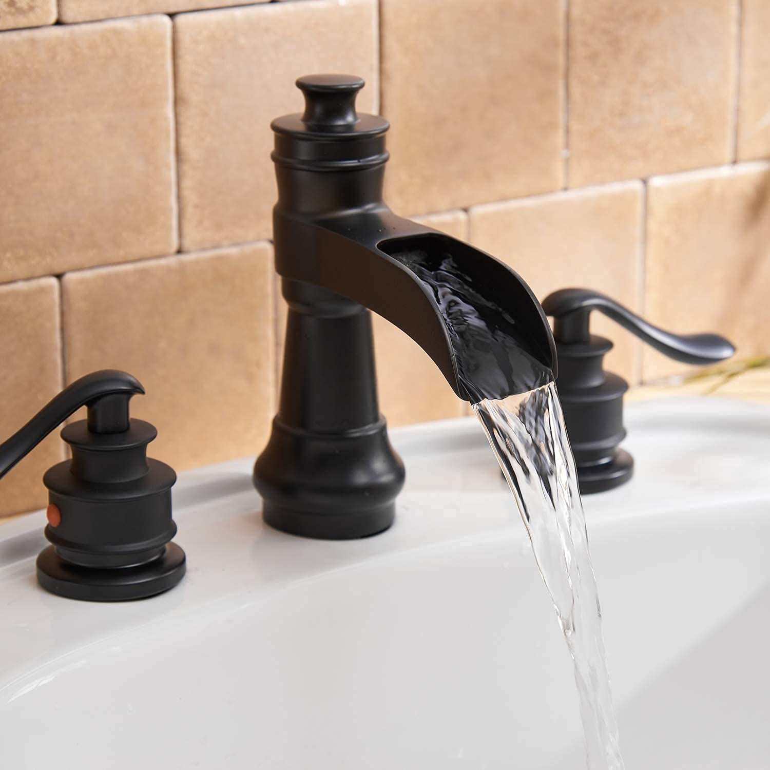 Rubinetto Lavabo Bagno 3 Fori Con Scarico Pop Up – Design A Cascata, Luce LED 3 Colori (Freddo/Caldo), Ottone Massiccio, Maniglie Doppie
