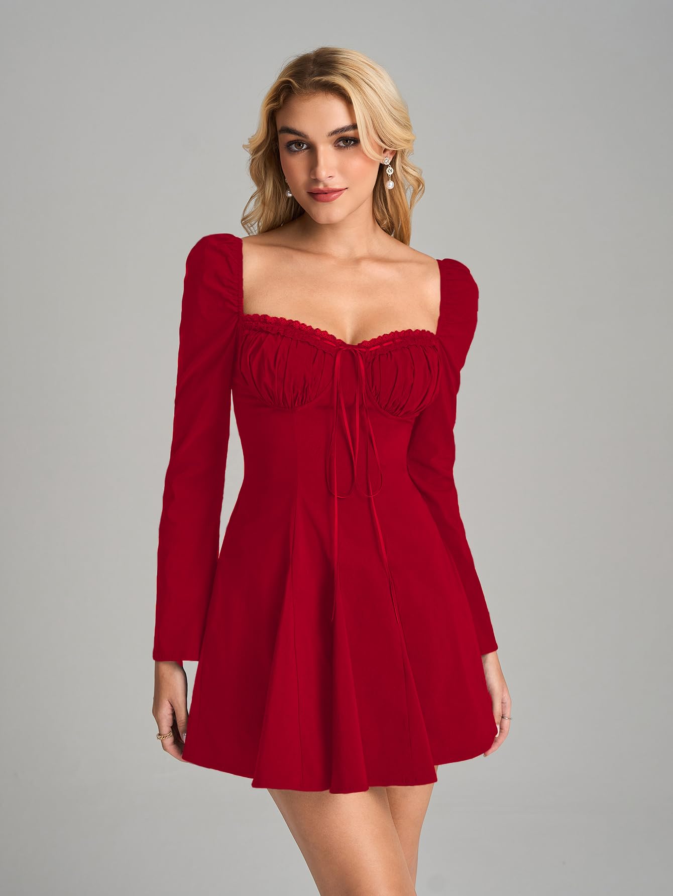 EYNMIN Long Sleeve Mini Dress Lace Sweetheart Neckline Flowy A Line Short Going Out Dresses for Women: Red X-Large