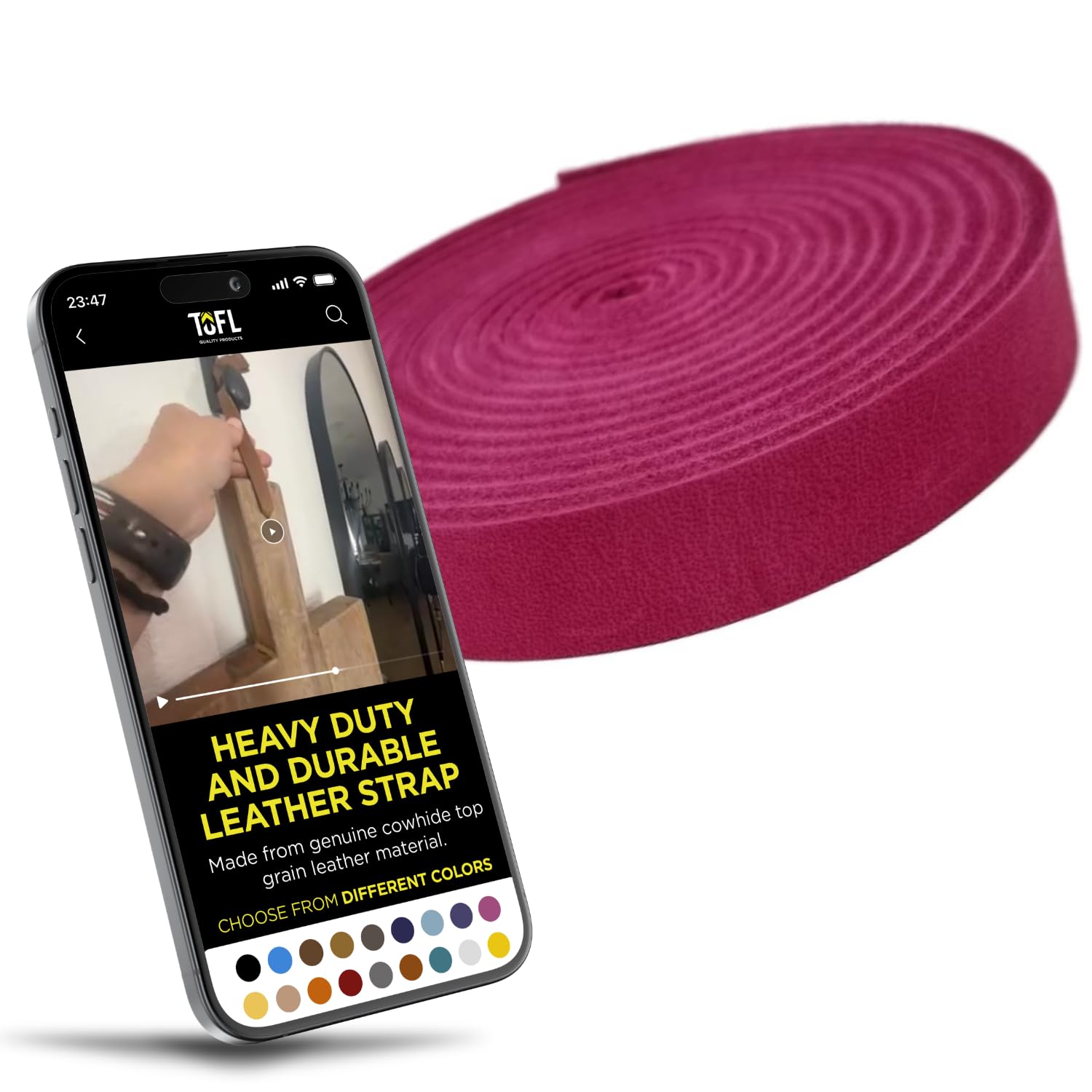 TOFL Genuine Leather Strap | 72” Long x 1/2” Wide x 1/8 Inch Thick (7-8oz) | Leather Strips for Crafts, Belts, Jewelry & DIY Projects | Pink