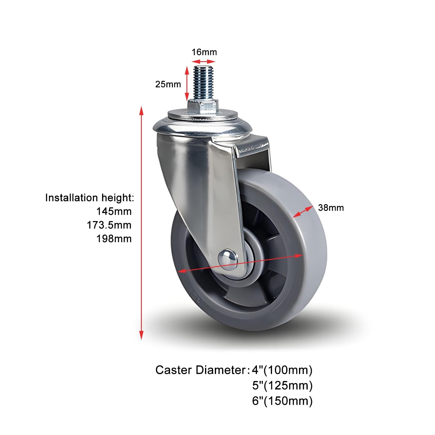 Ruote Girevoli da 100mm / 125mm / 150mm, Stelo Filettato M16, Ruote per Carichi Pesanti con Freni, Silenziose e Resistenti all'Usura, Rotazione a 360°, Set di 4(Swivel,6"(150mm))