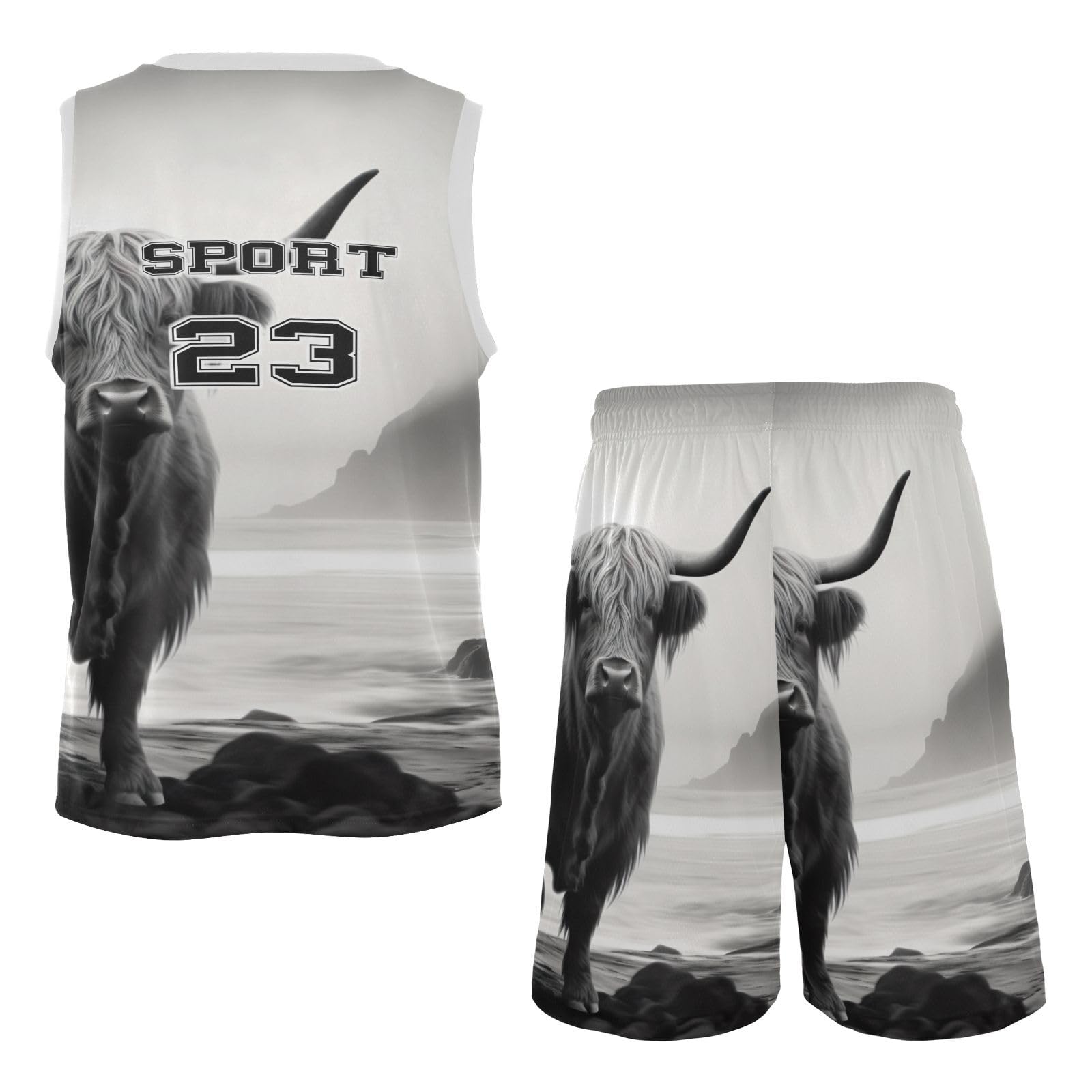 FLildon Highland Cow Boys Basketball Jersey Set Tank Top Shorts Tracksuit Sport Training Suit for Kids, S