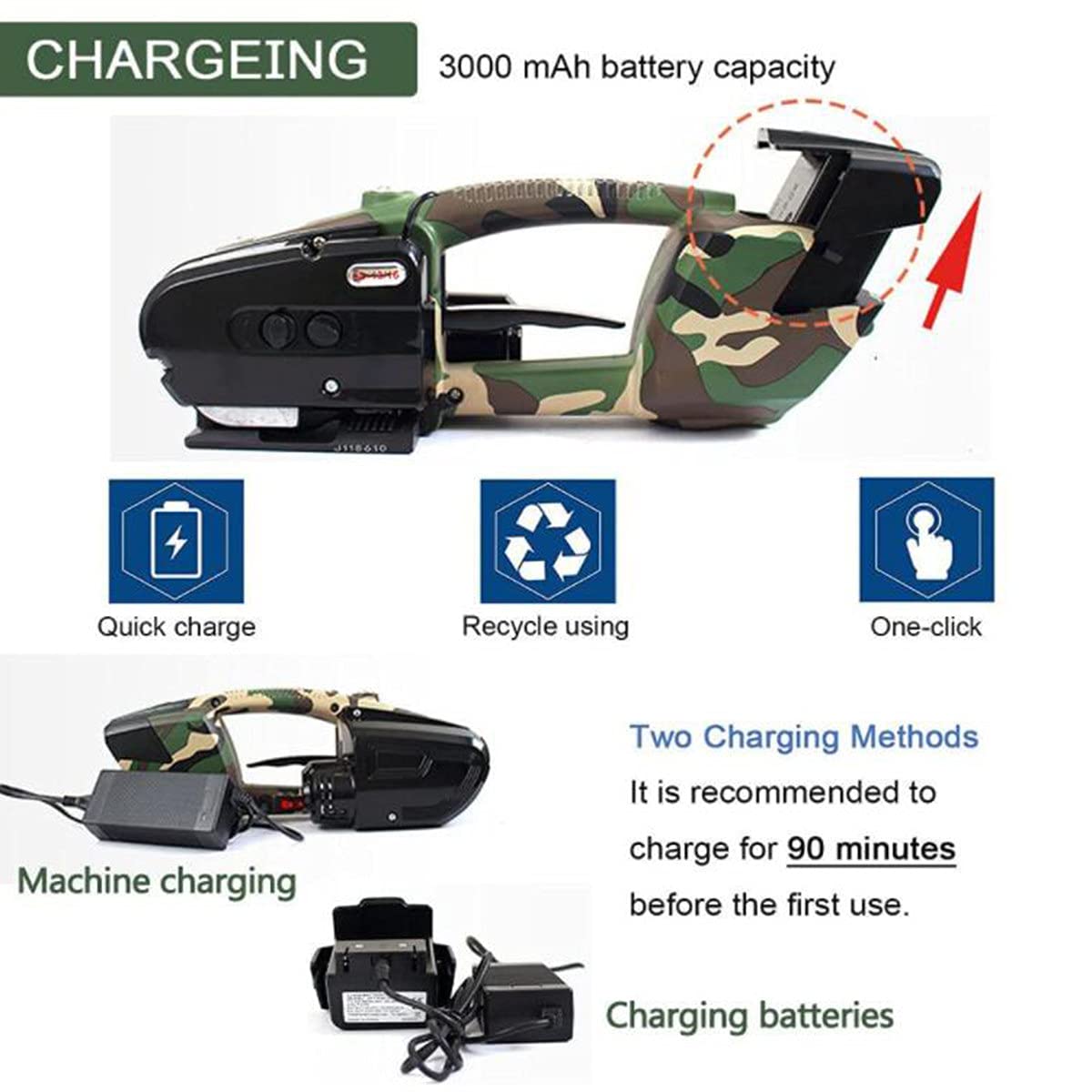 Reggiatrice Manuale,Reggiatrice Elettrica,per Reggetta PP/Pet 13-16Mm, Fino A 2800N, Batteria 3000mAh Pressa Portatile Elettrica,Camouflage