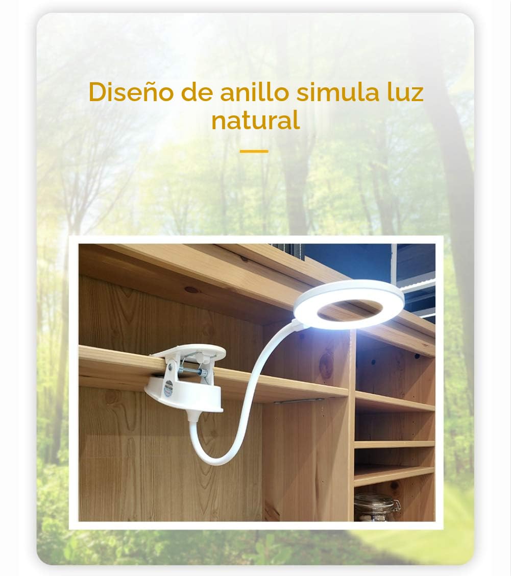 Lámpara con clip, de lectura alimentada por batería, luz de clip para cama con 3 niveles de brillo, recargable por USB