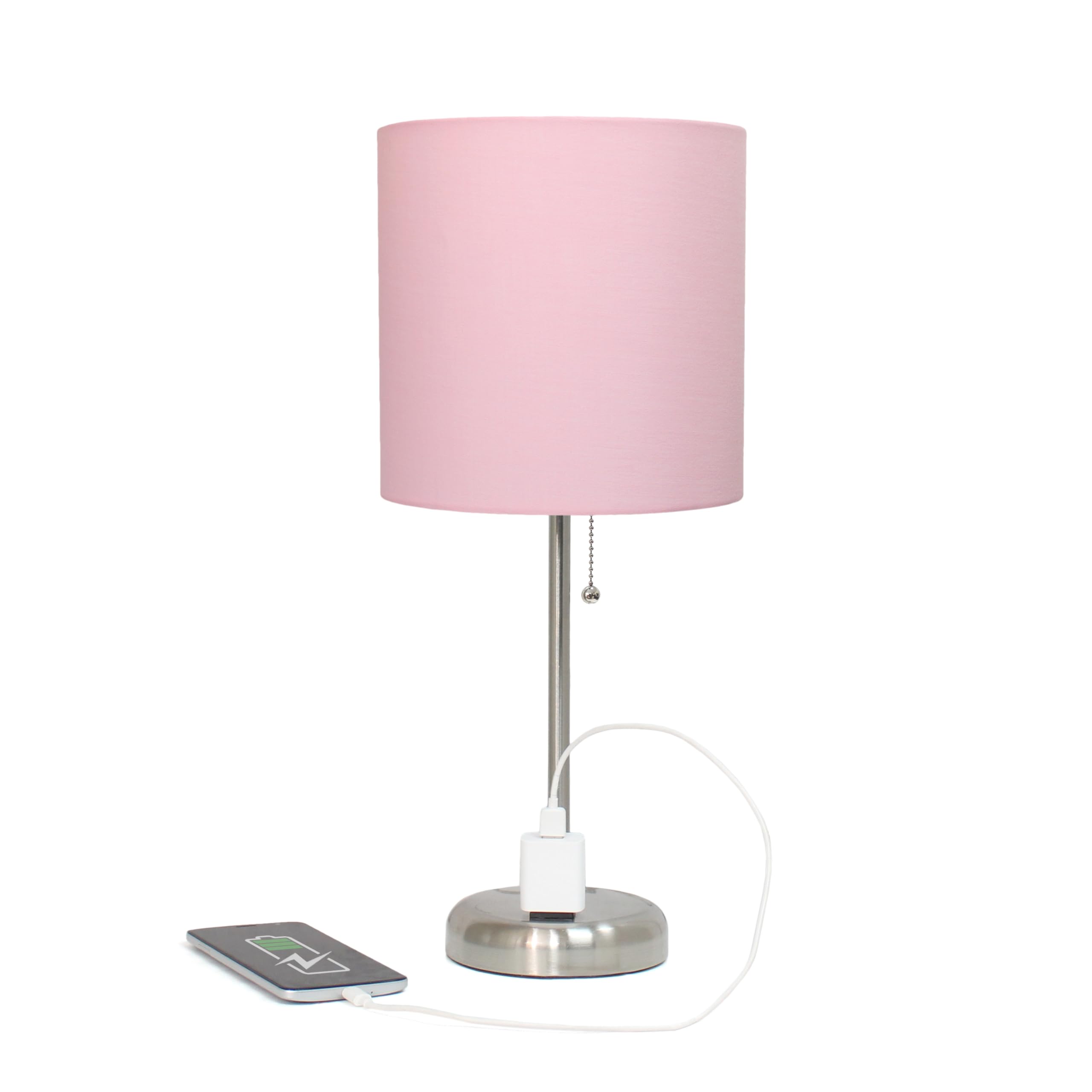 Simple Designs LT1144-LPK Sleek and Slender Brushed Steel Table Lamp with Charging Outlet, for Bedroom, Living Room, Entryway, Office, Dining Room, Study, Light Pink Shade