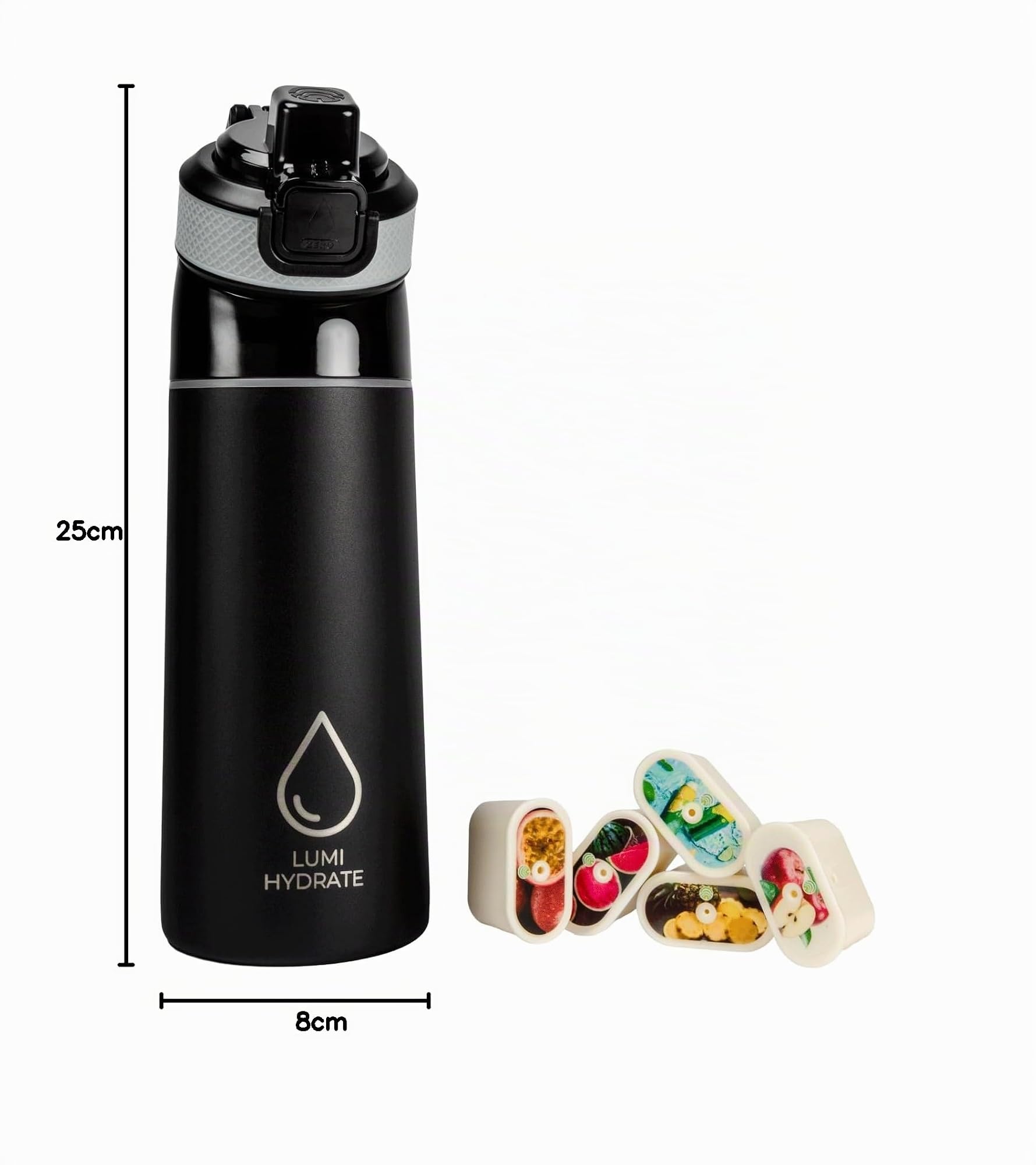 gourde aromatisée - 600 ml en acier inoxydable - bouteille d'eau parfumée - 5 pods aromatiques - arômes 100% naturels - idéal pour sport et quotidien