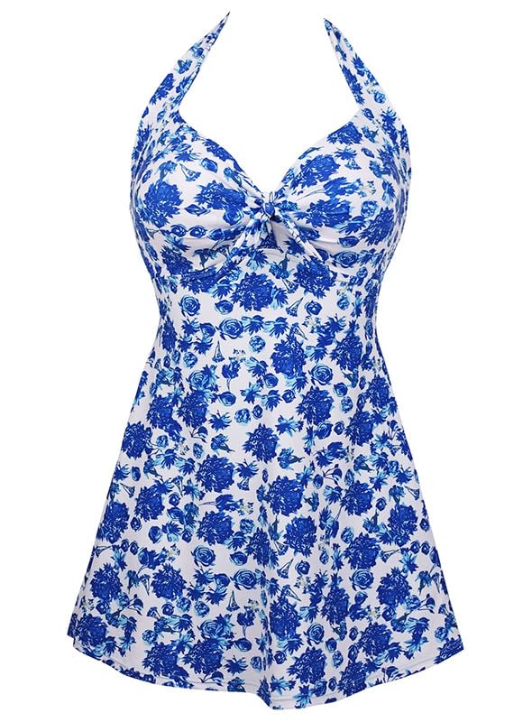 COCOSHIP Blue & White Floral Retro Sailor Pin Up Swimsuit One Piece Skirtini Cover Up Bath Swimdress Swimwear M(US6 or US8)