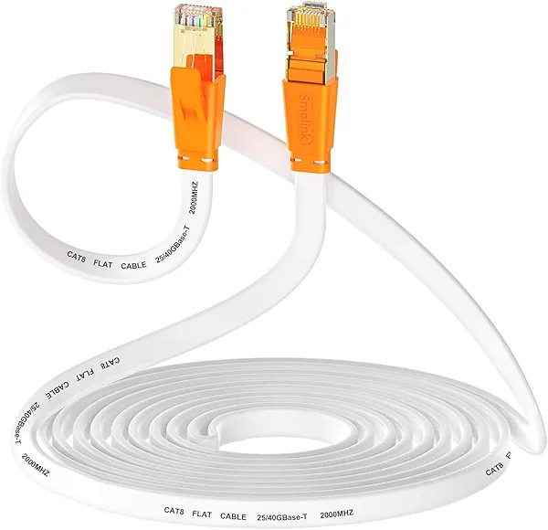 Smolink Ethernet Cable 15 FT, Cat 8 Ethernet Cable 2000Mhz 40Gbps, Internet Cable Professional Flat LAN Cable SFTP Patch Cord with Gold Plated RJ45 Connector for Router Modem, White