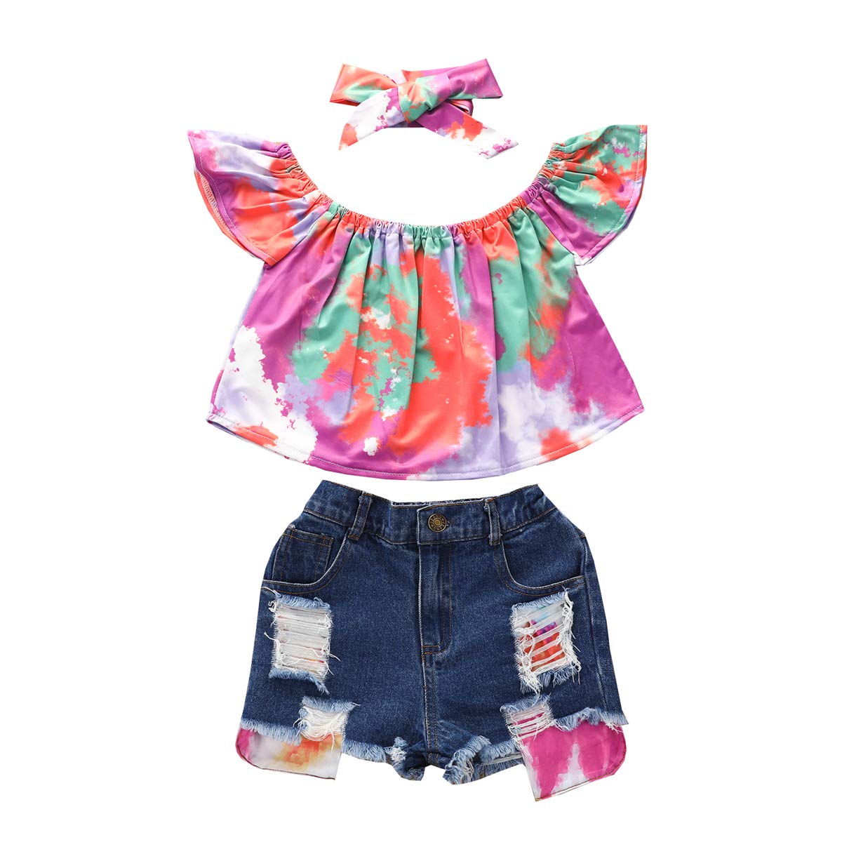 FYBITBO Fashion Baby Girl Jeans Outfits Tie Dye Off Shoulder Top+Ripped Denim Shorts Summer Clothes (4-5T,A-tie dye)