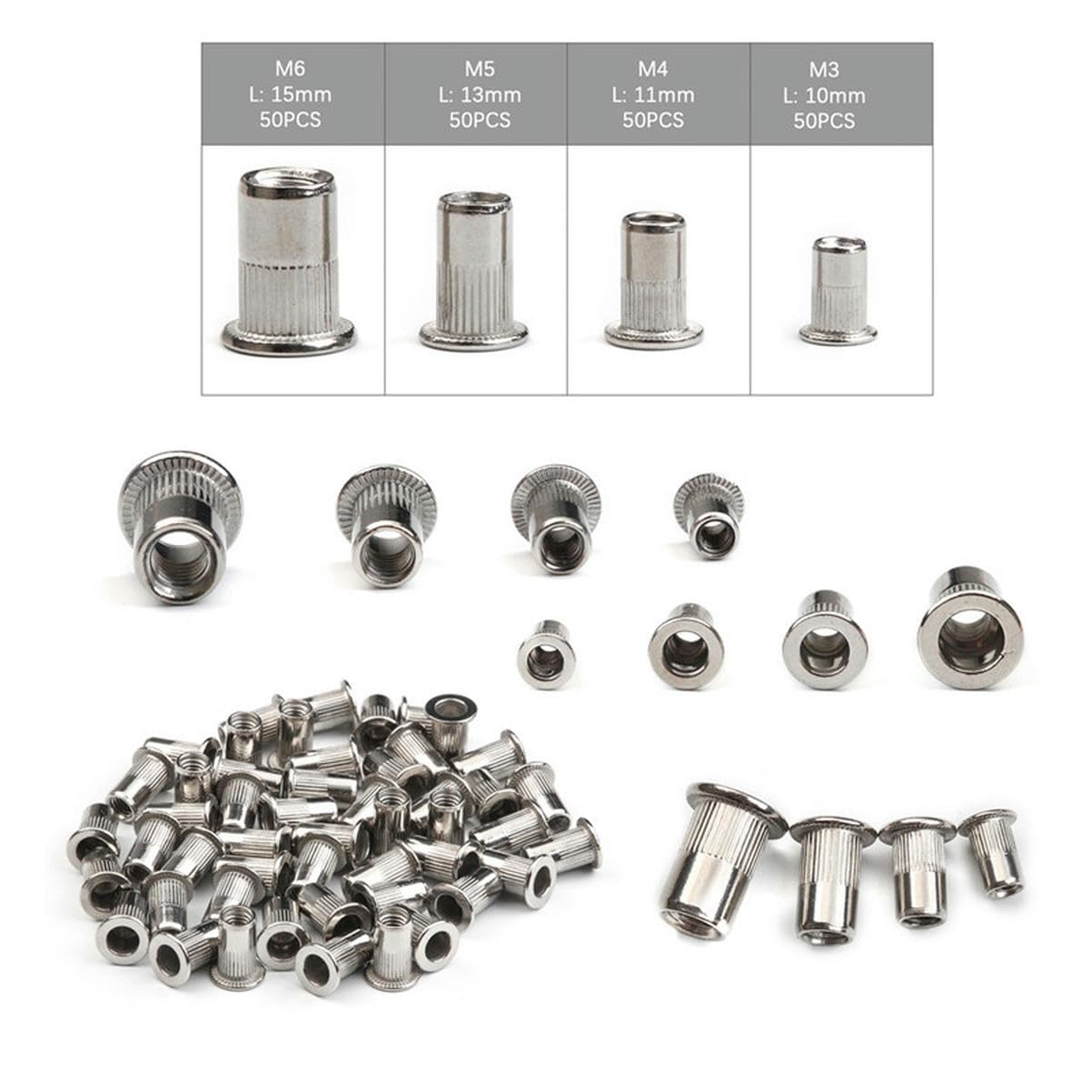 200/50 pz Dadi per rivetti Set di dadi per rivetti a testa piatta in acciaio inossidabile/acciaio al carbonio M3 M4 M5 M6 Inserto filettato Rivnut Cap Dadi rivettati-200 pezzi M3-M6_a