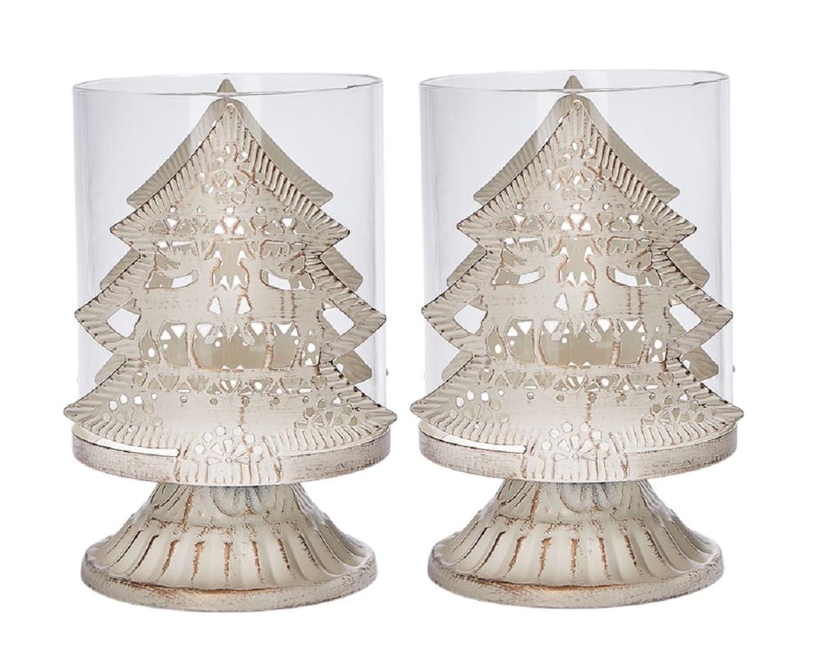 Simply Products White Vintage Candle Holders – Distressed Hurricane Pillar Candlesticks For Christmas Table, Mantel & Fireplace Decor – Available In 4 Designs, Set Of 2 Metal Candle Holders - (Tree)