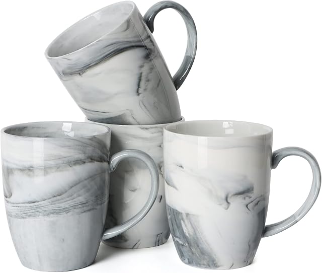 14 Ounce Unique Coffee Mugs, Smilatte EM067 Novelty Marble Ceramic Cup for Home and Office, Microwave Dishwasher Safe, Set of 4, Gray