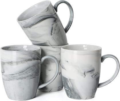 14 OZ Marble Coffee Mugs, M067 Novelty Marble Ceramic Cup for Home and Office, Microwave Dishwasher Safe, Set of 4, Gray