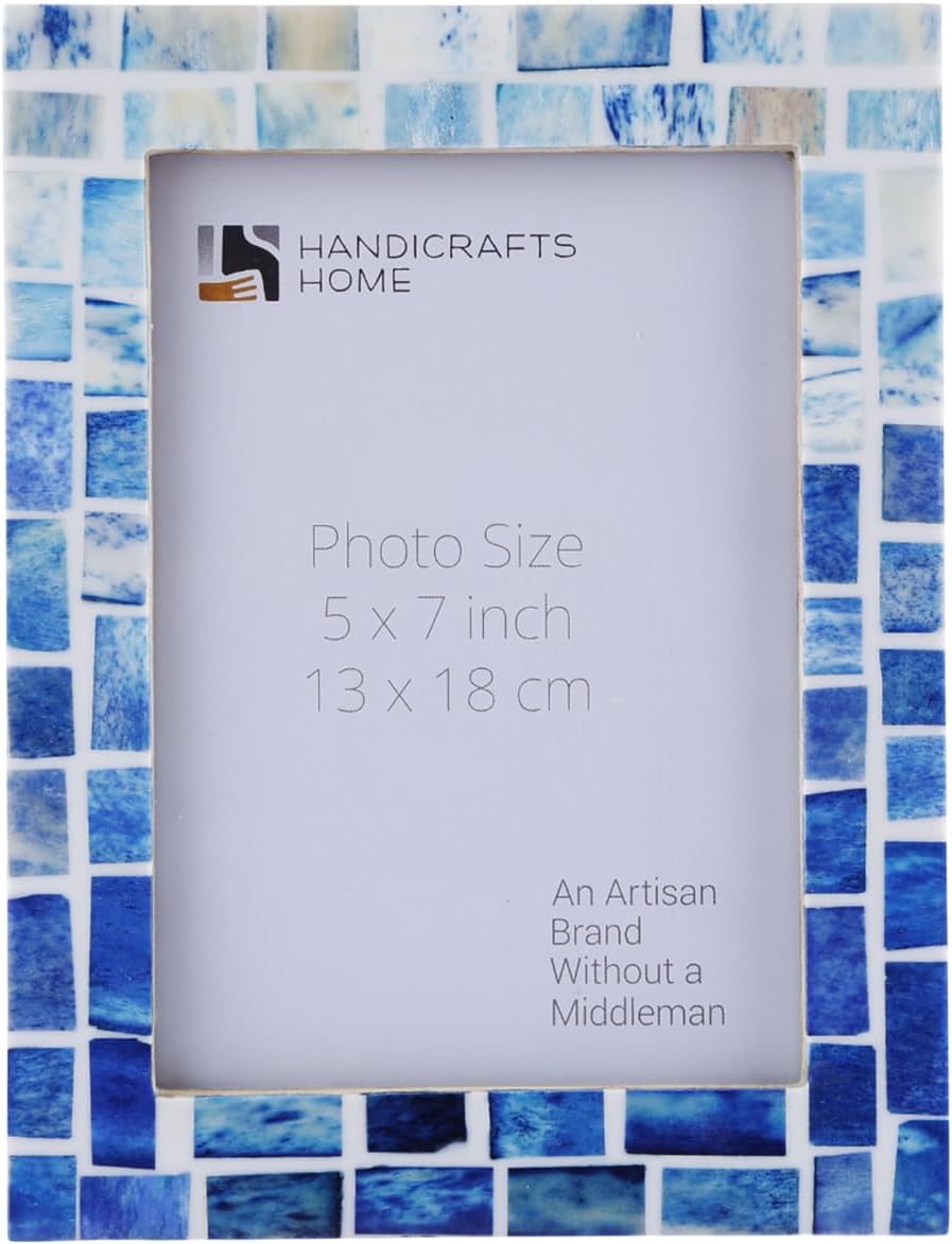 Handicrafts Home Marco de fotos azul con incrustaciones de hueso de mosaico hecho a mano costero, 5 x 7 | Retrato u paisaje, exhibición de mesa y pared, accesorios para colgar y respaldo, decoración minimalista de estantes costeros para el hogar y la oficina