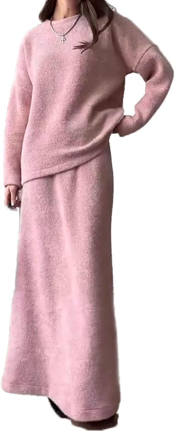 Gladtbser Women's Fall 2 Piece Sweater Skirt Set Rib Knit Long Sleeve Top Maxi Skirt Casual Winter Outfits