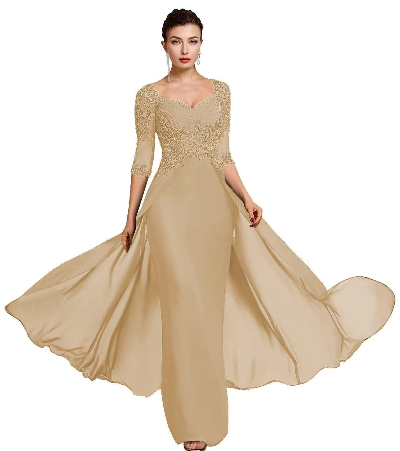 Mermaid Mother of The Bride Dresses 3/4 Sleeves Chiffon Beaded Formal Evening Gowns with Train JH024
