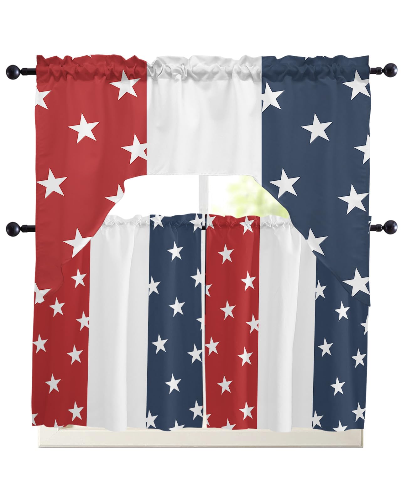 Stars Stripes Swag Kitchen Curtain Sets with Valance, 3 Pieces Rod Pocket Curtain Drapes for Bedroom Living Room Bathroom Cafe Windows, Independence Day Red Blue White 56''x36'' & 36''x27.5''x2Panels