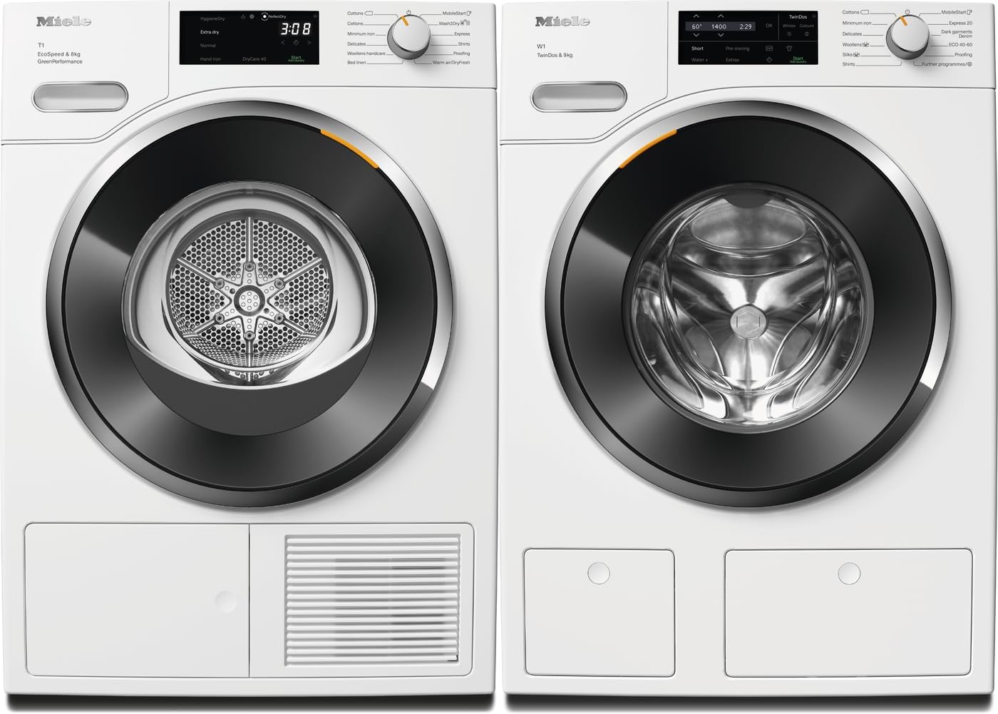 Miele Extra Quiet Washing Machine WWG 660 WCS, 9 kg, 1400 rpm Made in Germany and Miele Energy Efficient Heat-Pump Dryer TWF 760 WP EcoSpeed&Steam 8kg, Perfectly Dried Cloth