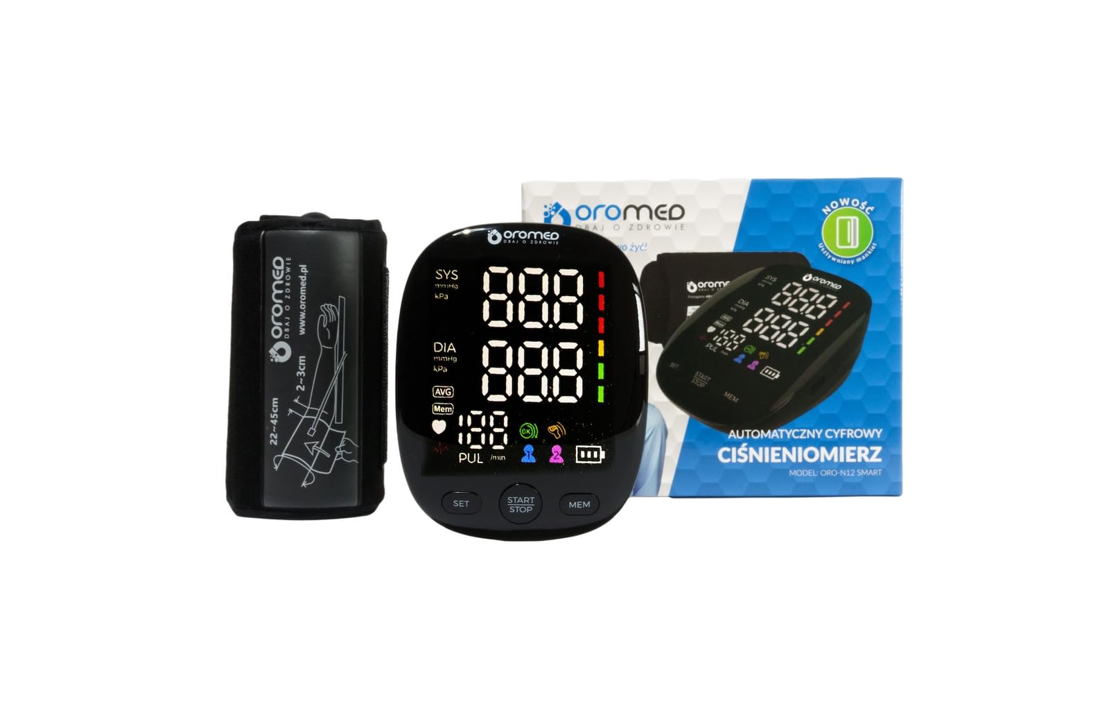 Oromed ORO-N12 SMART - Tensiómetro electrónico de brazo con pantalla LED, detección de arritmias, 2 x 120 ranuras de memoria, USB y batería, apagado automático