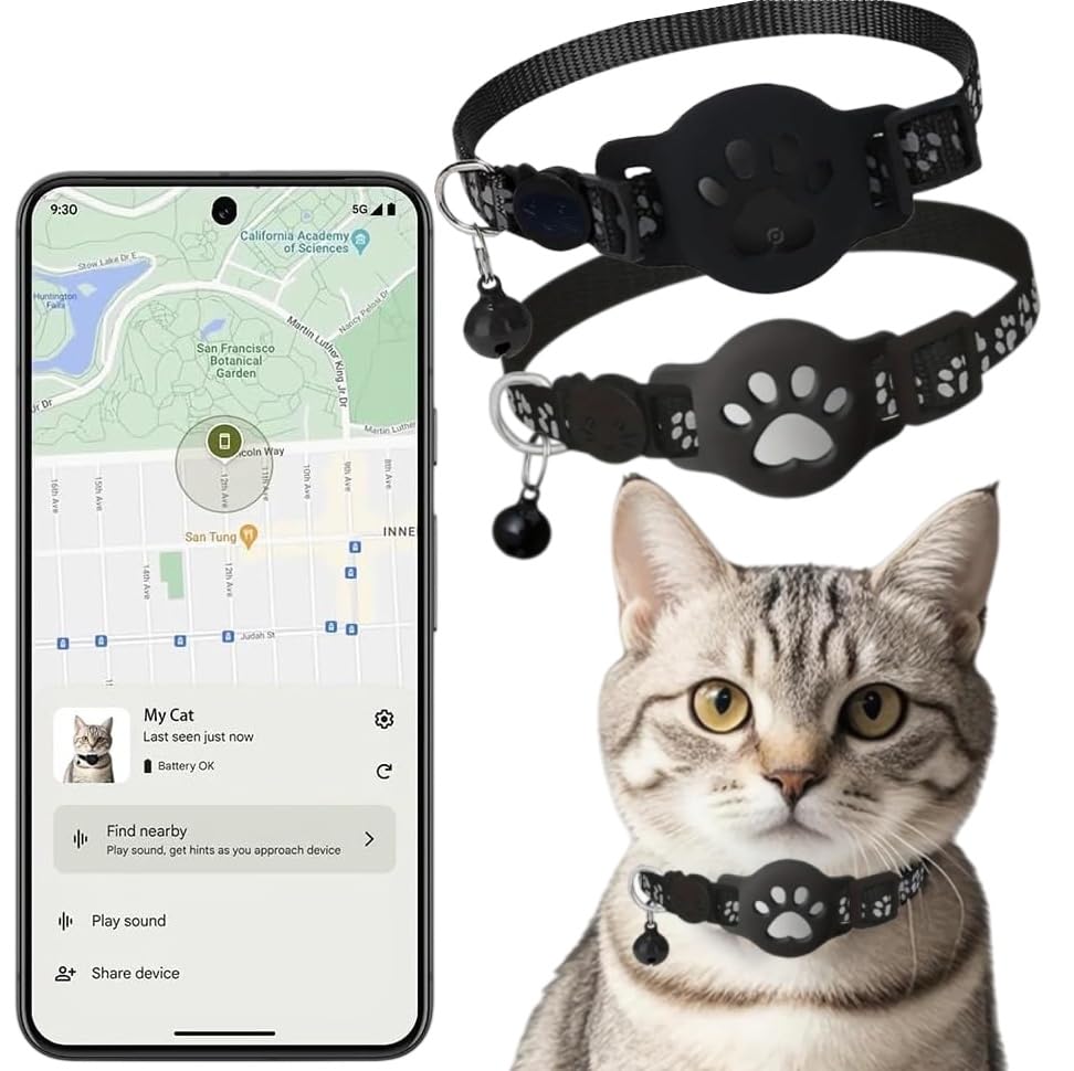 Collar GPS Gatos, GPS para Gatos sin Cuota Mensual, No Requiere SIM (Solo Android), Collar Localizador Compatible con goo- gle Find My (A)