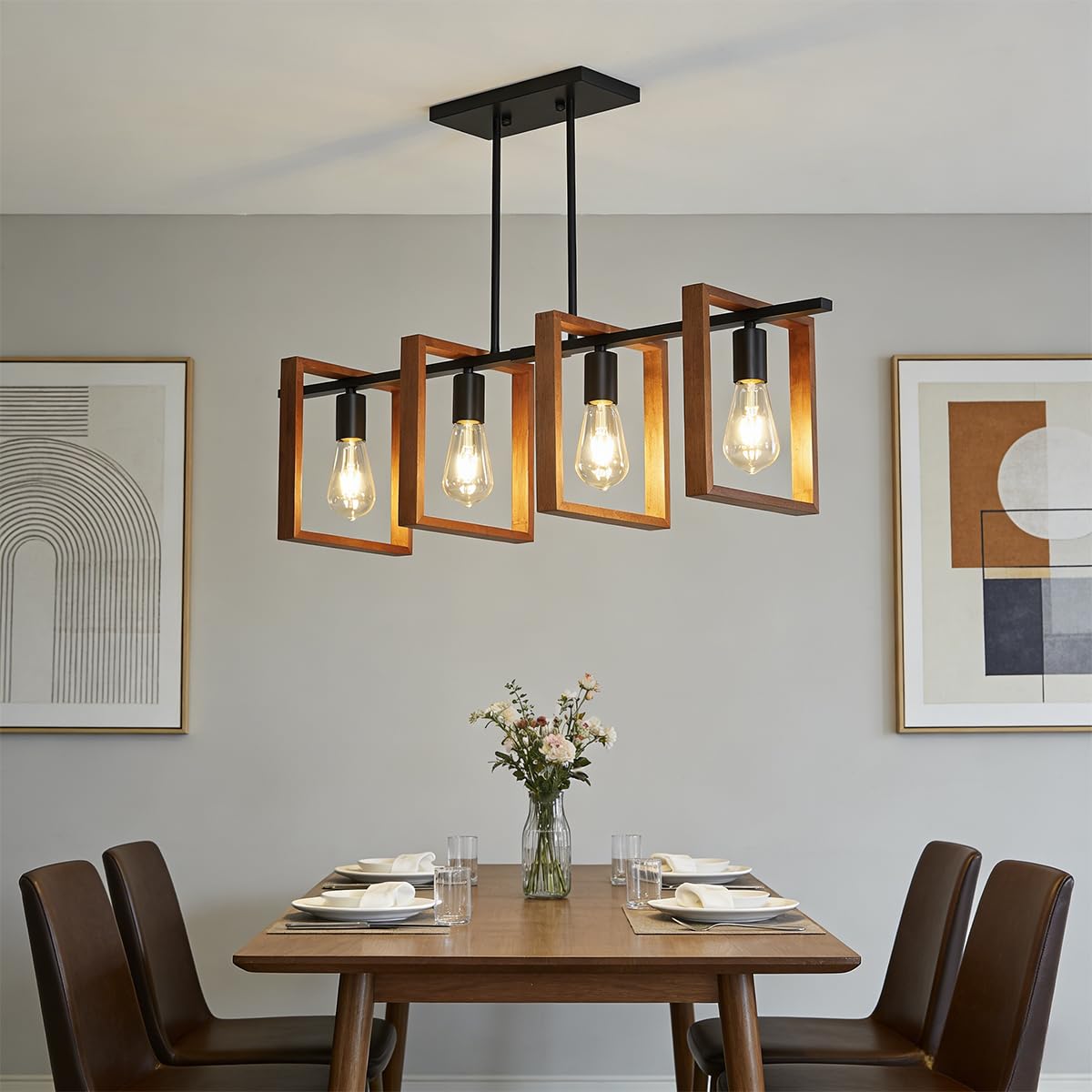 Iluminación de isla de cocina,luces de mesa de billar de madera y metal,alturas colgantes industriales ajustables Lámparas de Techo para comedor y sala de estar,pasillo de vestíbulo (A,4 Heads)