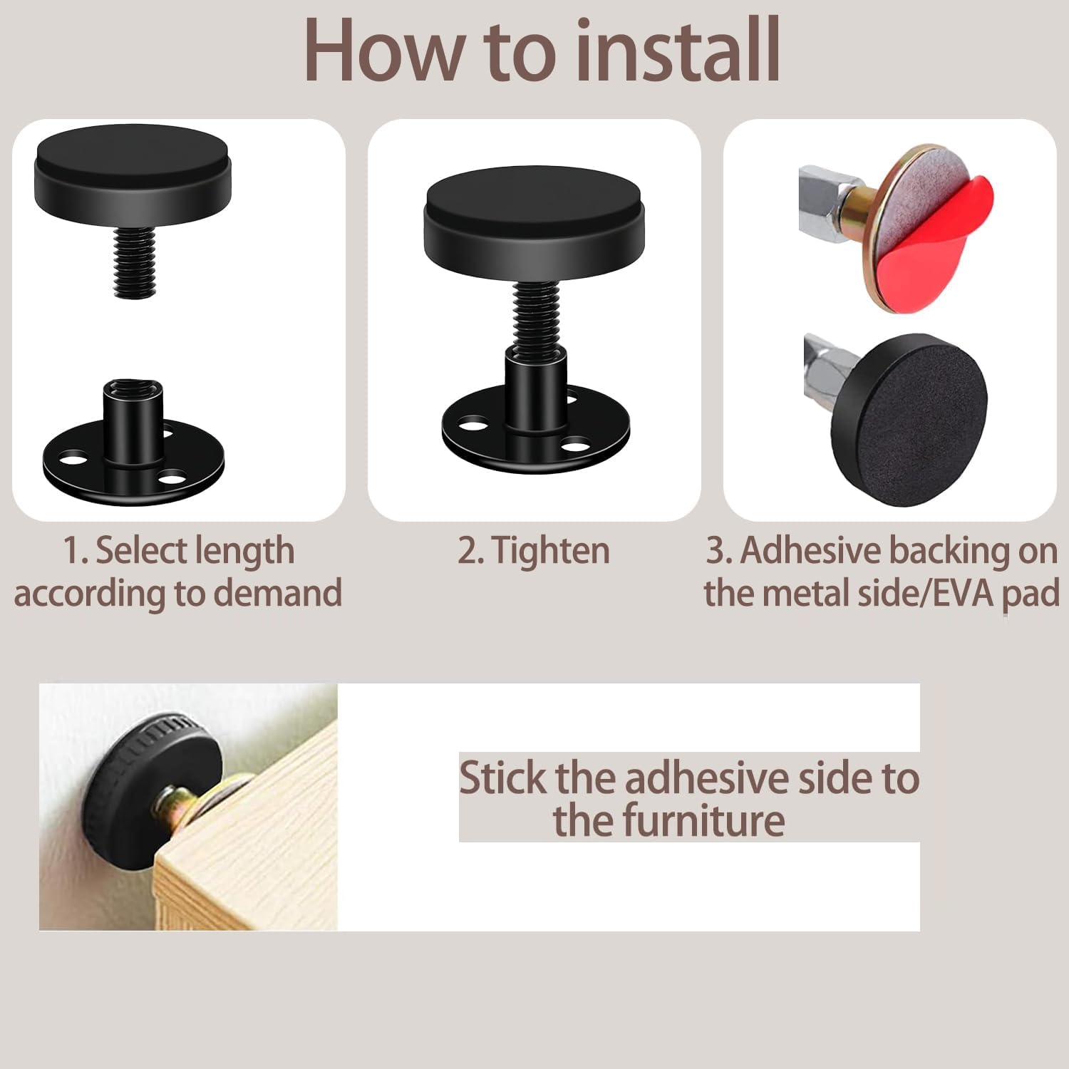 4-Pack Adjustable Headboard Stoppers / Anti-Shake Supports - Black, Telescopic 1.0-4.0in For Beds, Sofas, Cabinets