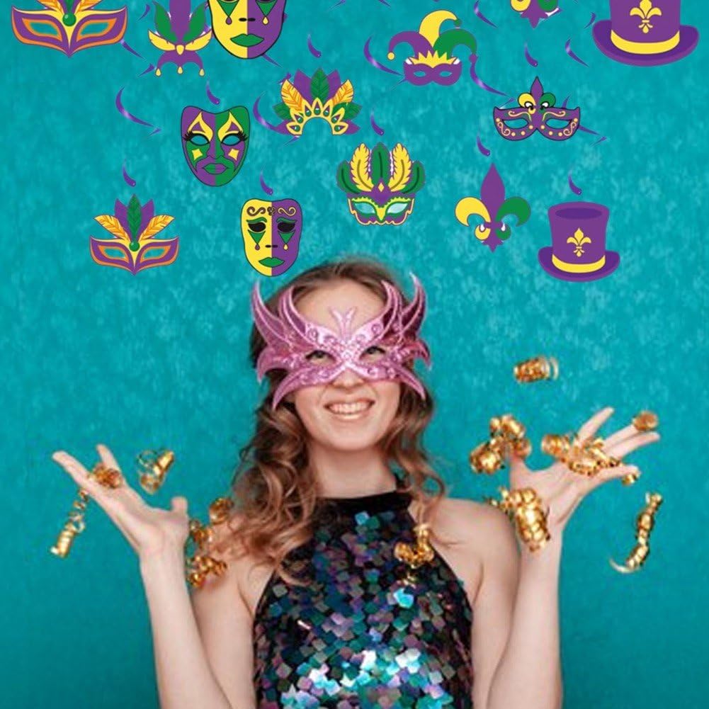 Mardi Gras Dekoracje, Mardi Gras Wiszące Wiry, Mardi Gras Dekoracje urodzinowe na artykuły imprezowe na maskaradę